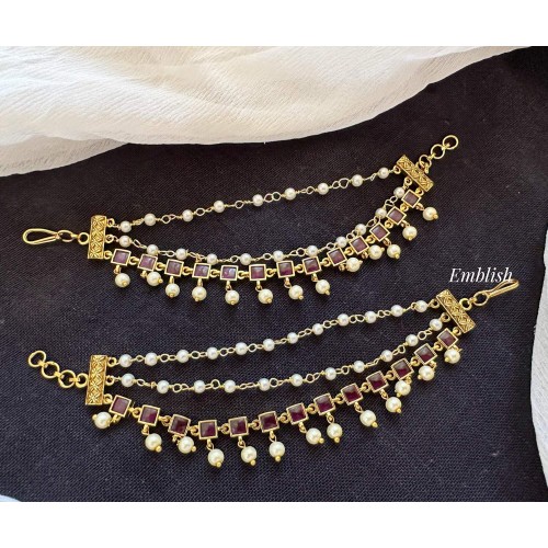 Antique Square Kemp Pearl Triple Layer Earchain - Red