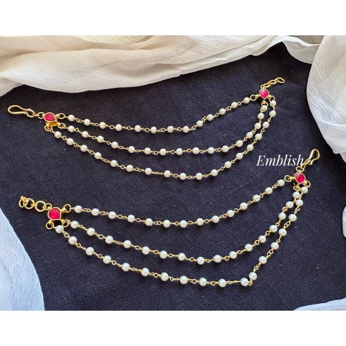 Simple Kundan Jadau Pearl Triple Layer Earchain