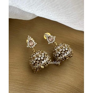 Antique AD Flower Jhumkha - Pastel Pink