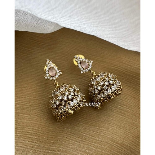 Antique AD Flower Jhumkha - Pastel Pink