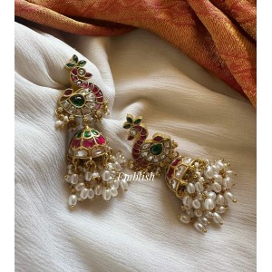Antique Kundan Jadau Peacock Rice Pearl Drop Jhumkha