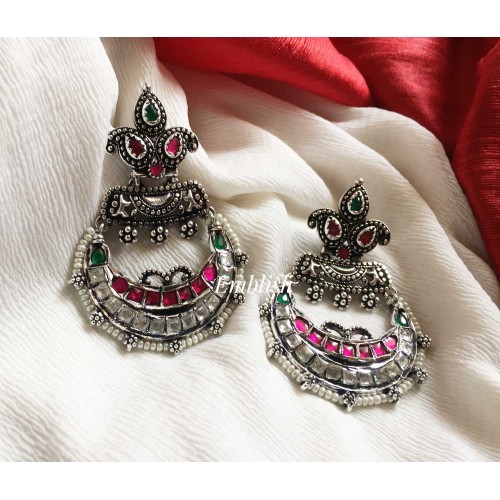 German Silver Chand bali Fusion Earring - Pink with green
