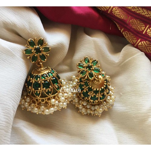 Kemp flower Pearl bunch jhumkas - Green