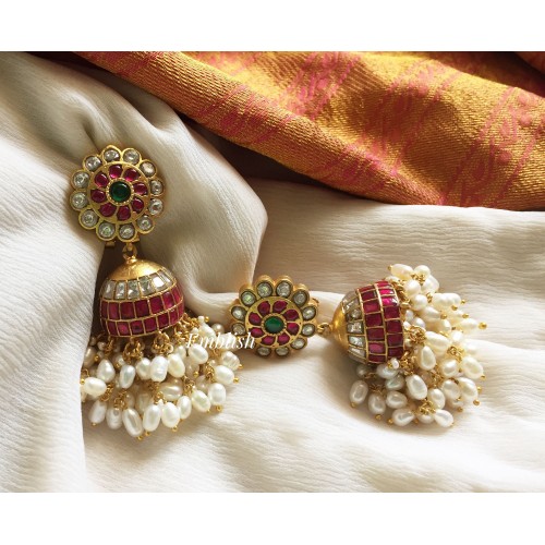 Antique Royal Kundan Jadau Flower Rice Pearl Jhumka