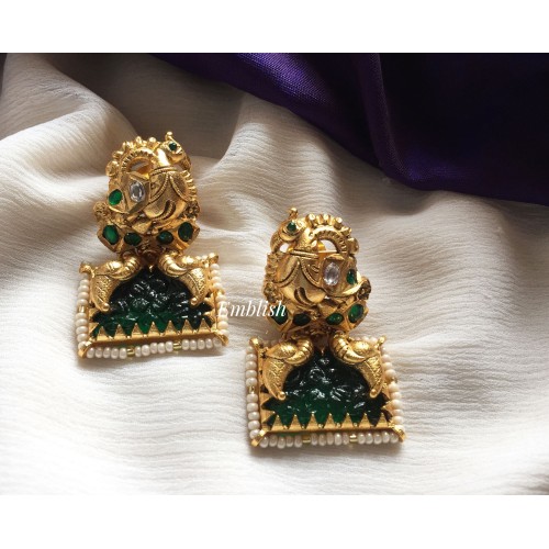 Double Peacock Mosanite Stone Flower Carving Earring - Green