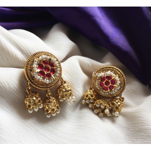 Flower Multiple Jhumkha Earring - Red