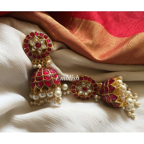 Kundan jadau double layer pearl flower jhumka 