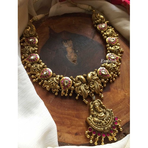 Silver replica gold alike antique kundan jadau Ganesha neckpiece 