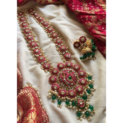 Kundan jadau Peacock flower green beads guttapusalu neckpiece 