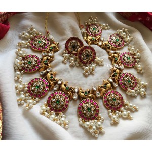 Kundan jadau gheru polish peacock kemp pearl cluster short neckpiece 