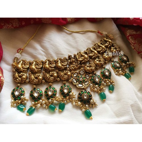 Kundan jadau Antique Peacock Lakshmi green beads high neck choker