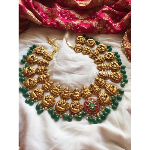 Kundan jadau Gheru polish double layer  Lakshmi green beads neckpiece