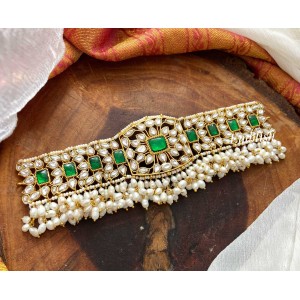Kundan Jadau rice pearls high neck choker -GREEN