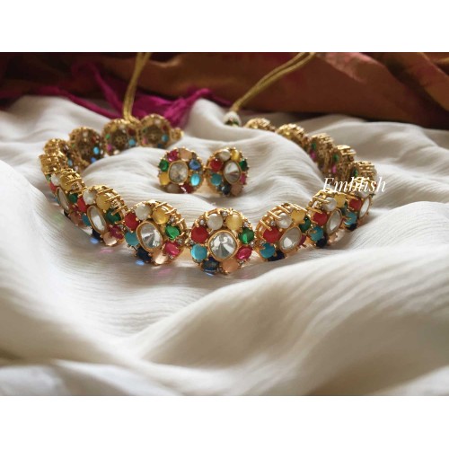 Kundan jaadu Navrathna flower round choker 