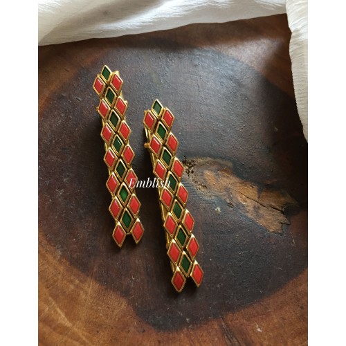 Triple Diamond Kundan Alligator Hair Clip - Red with Green.