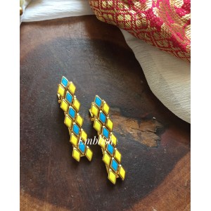 Triple Diamond Kundan Alligator Hair Clip - Yellow with Sky Blue.