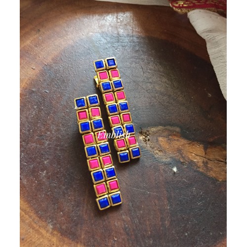 Double Square Kundan Alligator Hair Clip - Pink with Blue