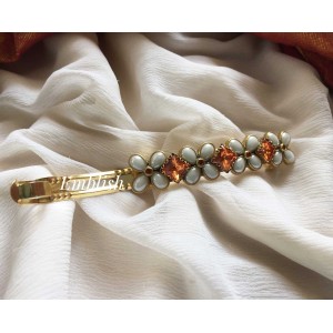 Flower white Pearl with Orange Kundan Hair Clip