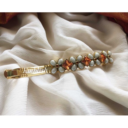 Flower white Pearl with Orange Kundan Hair Clip