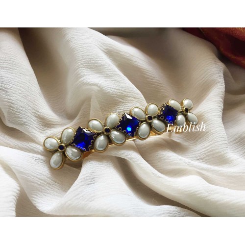 Flower white Pearl with Royal blue Kundan Hair Clip