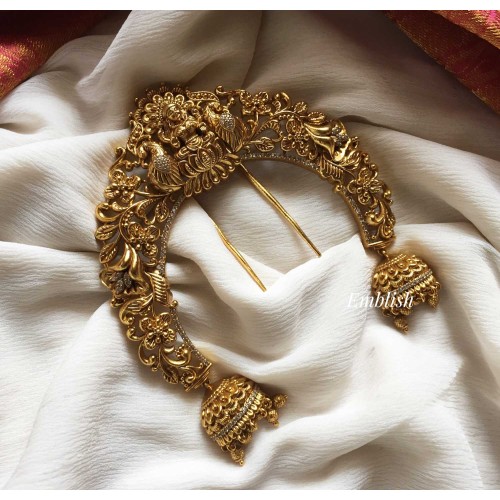 Gold alike intricate flower Lakshmi with Peacock Jada Billa