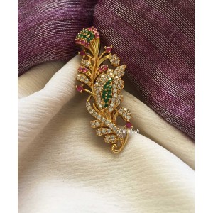 AD Stone Leaf Saree Pin - Red with Green