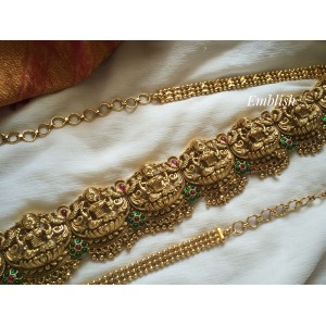 Antique Lakshmi double Peacock with Flower Hip Chain - Gold Beads.