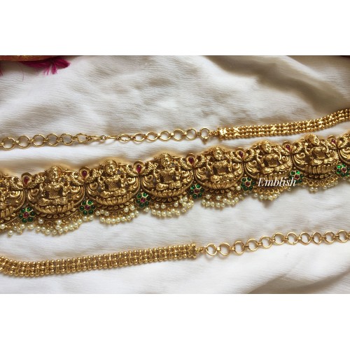 Antique Lakshmi double Peacock with Flower Hip Chain - Pearl Beads.