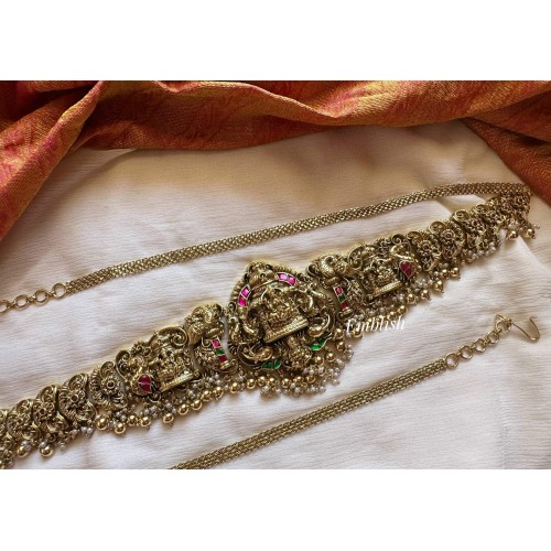Gold alike Antique Kundan Jadau Lakshmi Mahal Peacock Flower Hipchain - Gold Beads