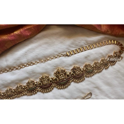 Kemp Antique Lakshmi haathi  Gold Beads Hipchain - Red