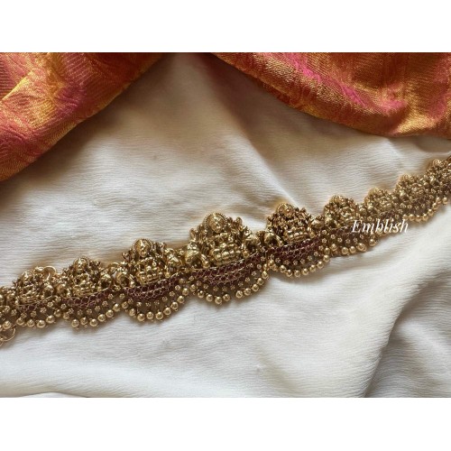 Kemp Antique Lakshmi Haathi Gold Beads Hipchain - Red with Green