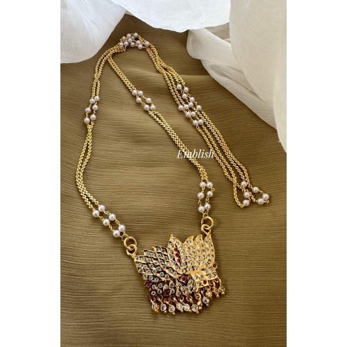 Impon Lotus Pendant Pearl Double layer Chain Long Neckpiece - White with Red