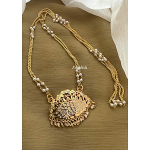 Impon Lotus Flower Pendant Pearl Double layer Chain Long Neckpiece - White with Red