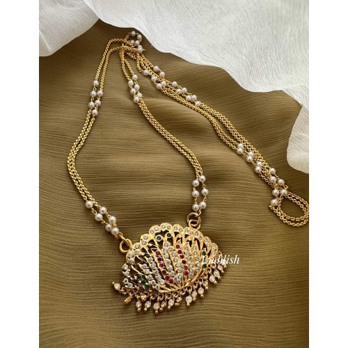 Impon Lotus Flower Pendant Pearl Double layer Chain Long Neckpiece 