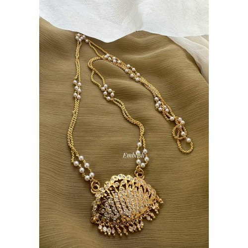 Impon Lotus Flower Pendant Pearl Double layer Chain Long Neckpiece - White