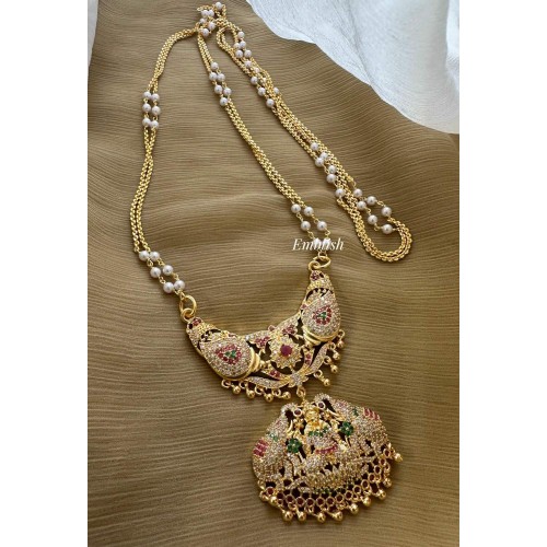 Impon AD Lakshmi with Double haathi Double Pendant Pearl Double layer Chain Long Neckpiece Impon AD Lakshmi with Double haathi Double Pendant Pearl Double layer Chain Long Neckpiece