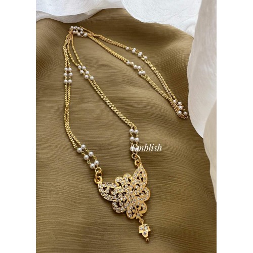 Impon Butterfly Pendant Pearl Double layer Chain Long Neckpiece - White Impon Butterfly Pendant Pearl Double layer Chain Long Neckpiece - White