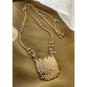 Impon Lotus Pendant Pearl Double layer Chain Long Neckpiece - White