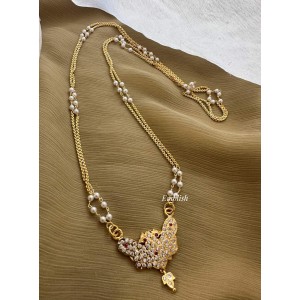 Impon Double Peacock Pendant Pearl Double layer Chain Long Neckpiece - White with Red