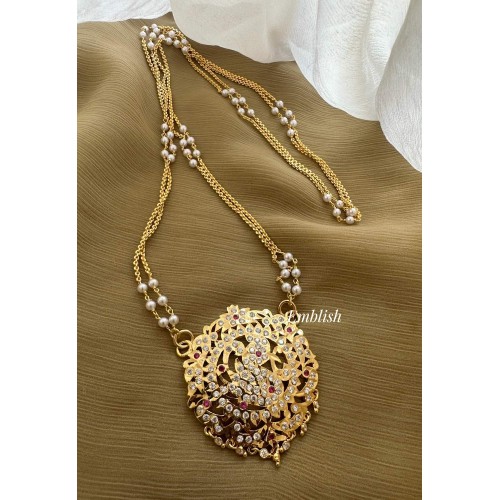 Impon Annam Pendant Pearl Double layer Chain Long Neckpiece - White with Red Impon Annam Pendant Pearl Double layer Chain Long Neckpiece - White with Red