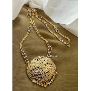 Impon Lakshmi with Haathi Flower Pendant Pearl Double layer Chain Long Neckpiece - White