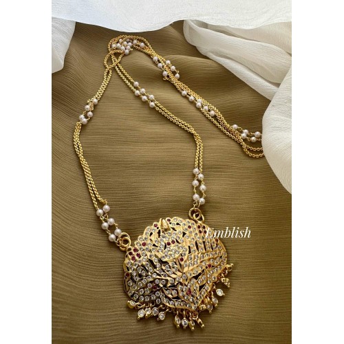 Impon Lakshmi with Haathi Flower Pendant Pearl Double layer Chain Long Neckpiece Impon Lakshmi with Haathi Flower Pendant Pearl Double layer Chain Long Neckpiece