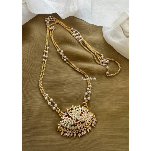 Impon Swan Pendant Pearl Double layer Chain Long Neckpiece - White with Red