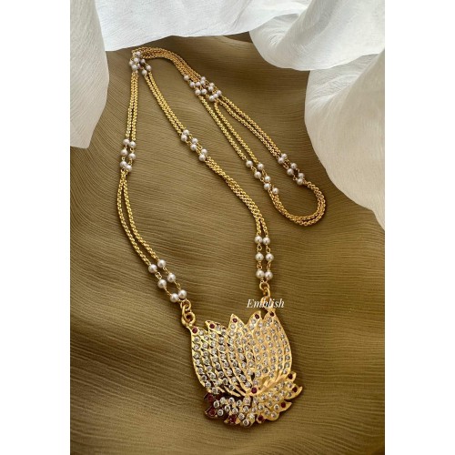 Impon Lotus Pendant Pearl Double layer Chain Long Neckpiece - White with Red
