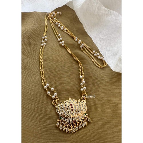 Impon Lotus Stone Drop Pendant Pearl Double layer Chain Long Neckpiece - White with Red