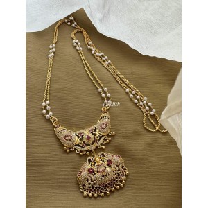 Impon AD Lakshmi with Double haathi Double Pendant Pearl Double layer Chain Long Neckpiece - White with Red