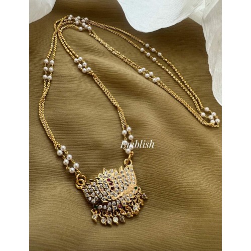 Impon Small Lotus Stone Drop Pendant Pearl Double layer Chain Long Neckpiece