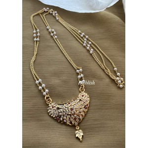 Impon Traditional Pendant Pearl Double layer Chain Long Neckpiece - White with Red