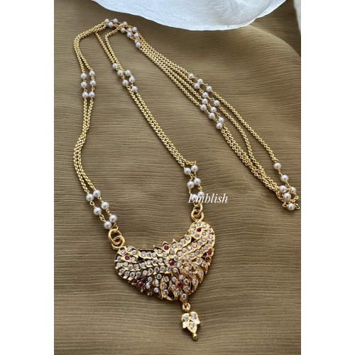 Impon Traditional Pendant Pearl Double layer Chain Long Neckpiece - White with Red