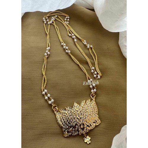 Impon Lotus Pendant Double layer Chain Long Neckpiece - White